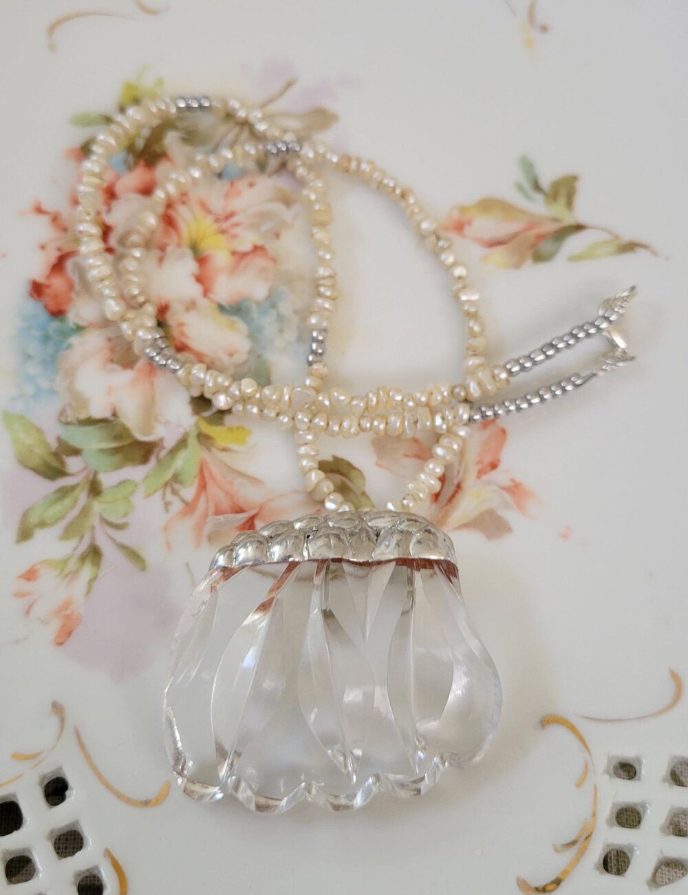 American Brilliant Lead Crystal Soldered Pendant on Seed Pearl Necklace